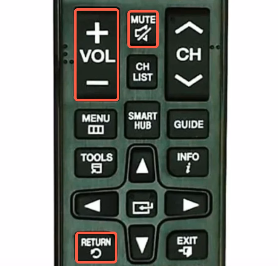 Mute, Volume, and Return buttons on Samsung Standard Remote
