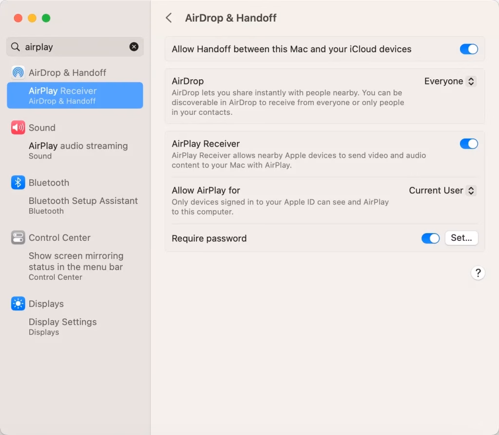 AirPlay & Handoff window