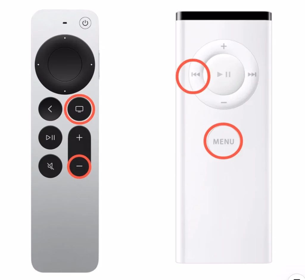 restart buttons on Siri Remote 3rd generation and white Apple Remote