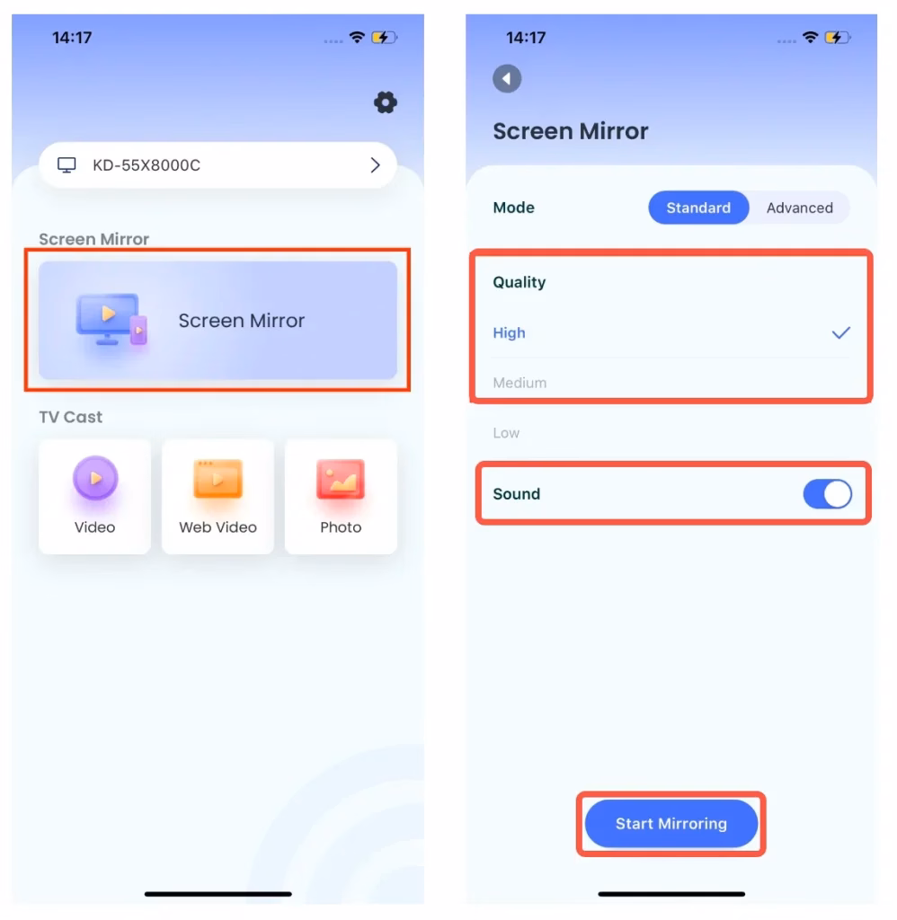 start the screen mirroring via the app
