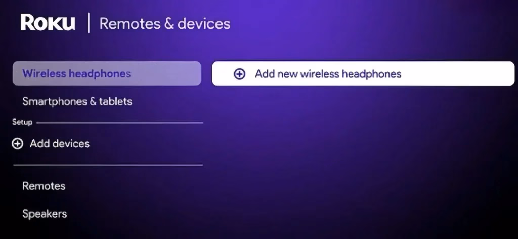 Wireless headphones on Remotes & devices page on Roku TV