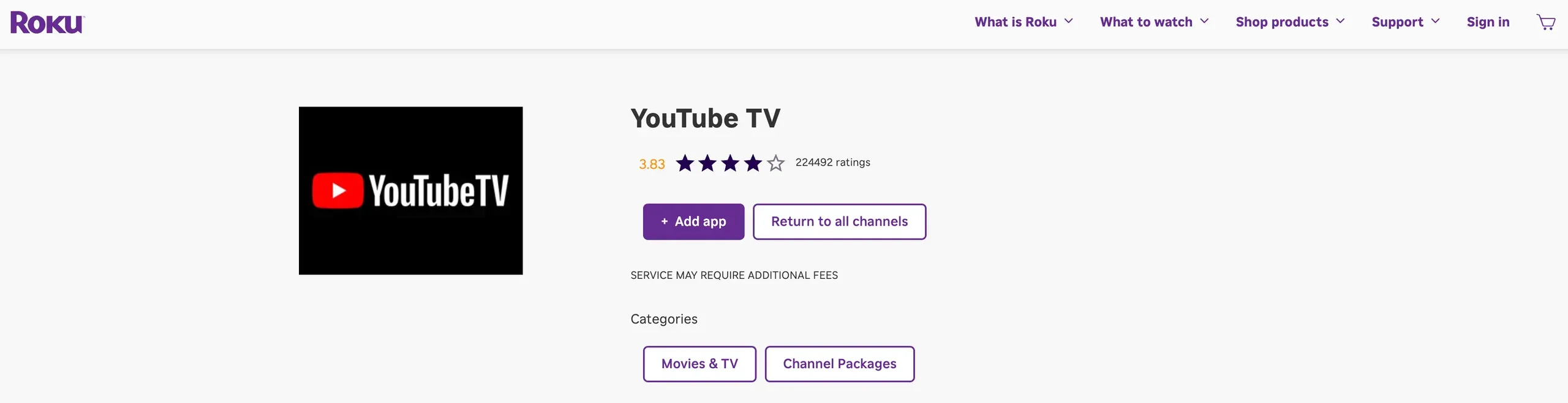 find YouTube TV on online Roku channel