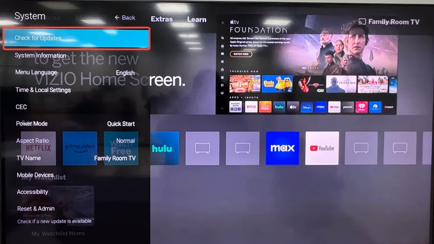 Update option on Vizio TV