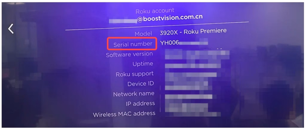 Roku serial number on the settings menu