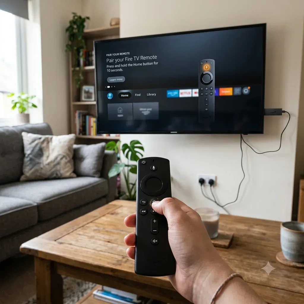 Fire TV screen and remote used for Firestick pairing and setup recovery