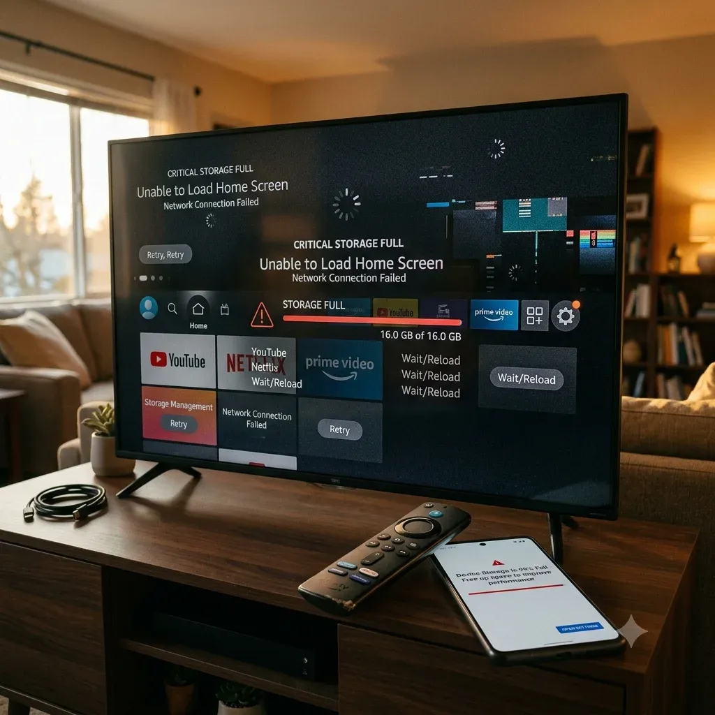 Fire TV home screen recovery scene showing storage and loading issues