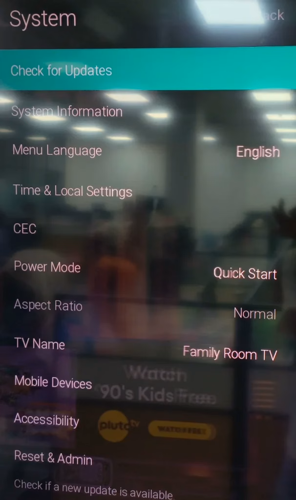 choose Check for Updates on Vizio TV