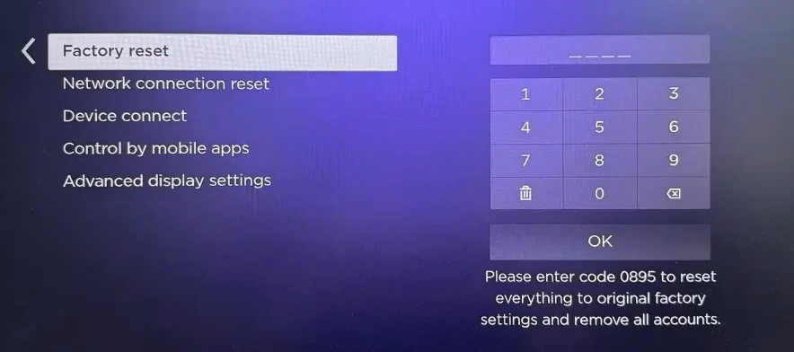 choose Factory reset on Roku