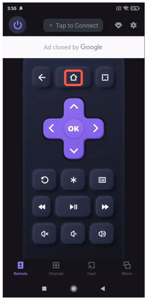 the Home button on the remote app