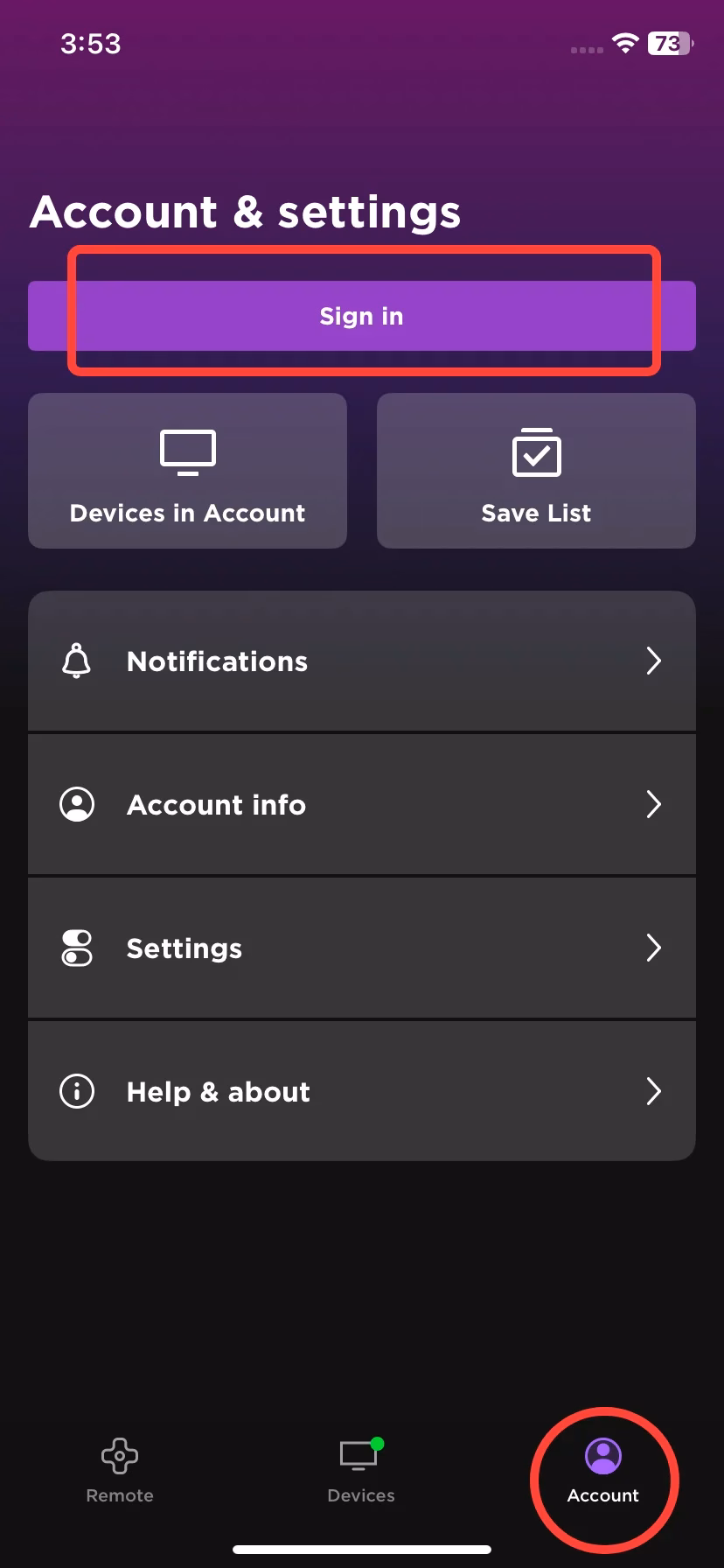 Account interface of the Roku App