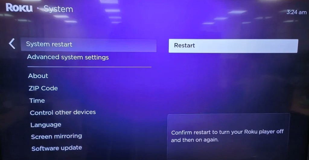 choose System restart on Roku screen