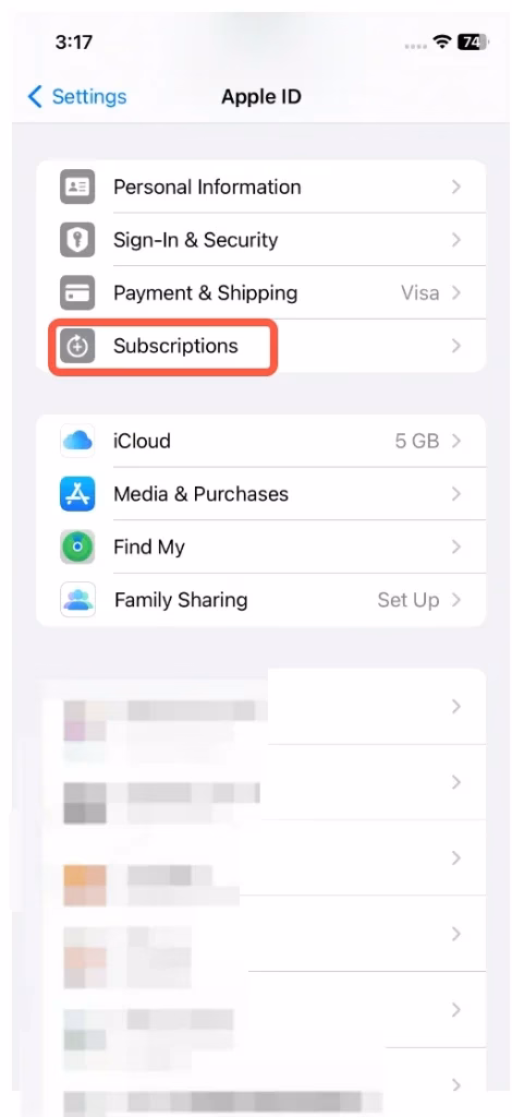 choose Subscriptions from iPhone's Settings app