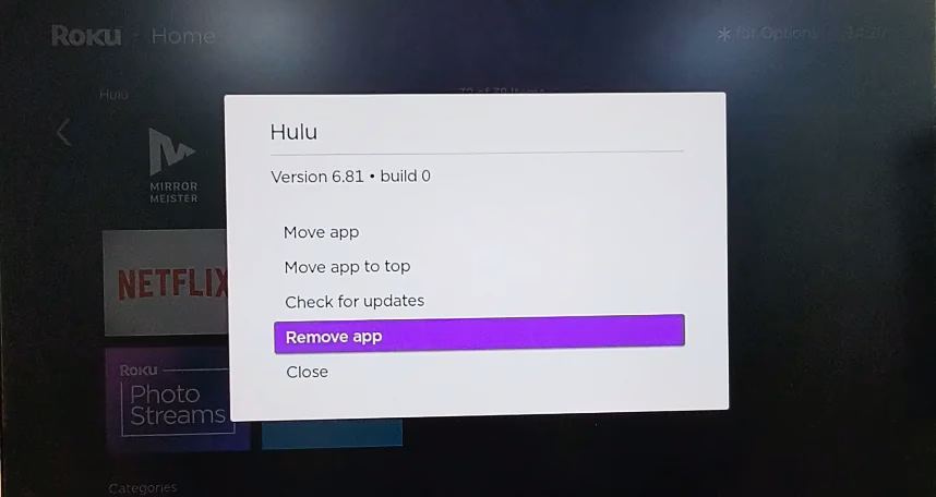 choose Remove app for Hulu on Roku