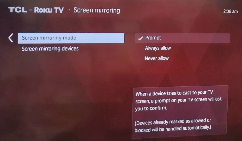check Roku screen mirroring mode
