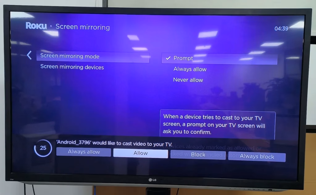 Roku displays a casting prompt