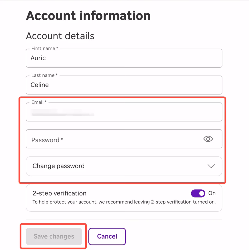 Account information page on the Roku website