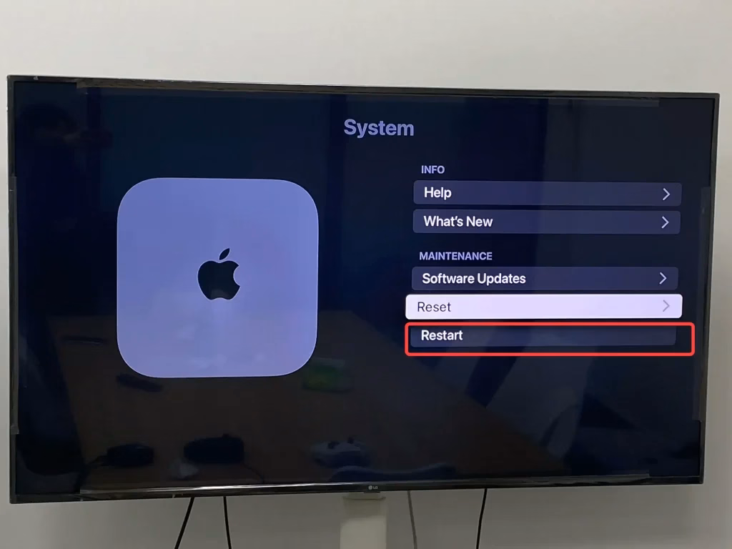 Restart option on System page of Apple TV