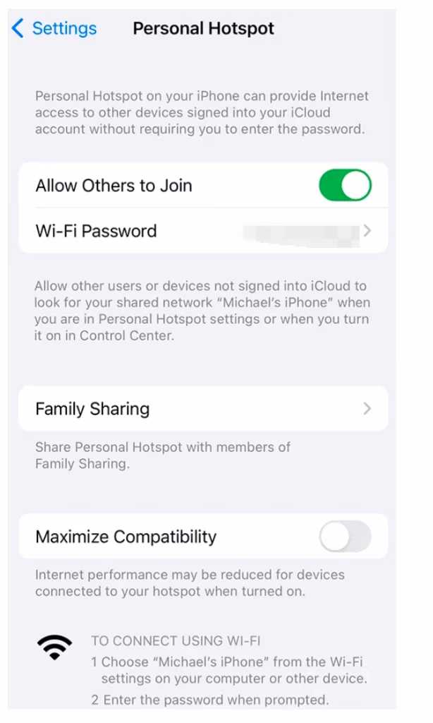 toggle Hotspot on the iPhone