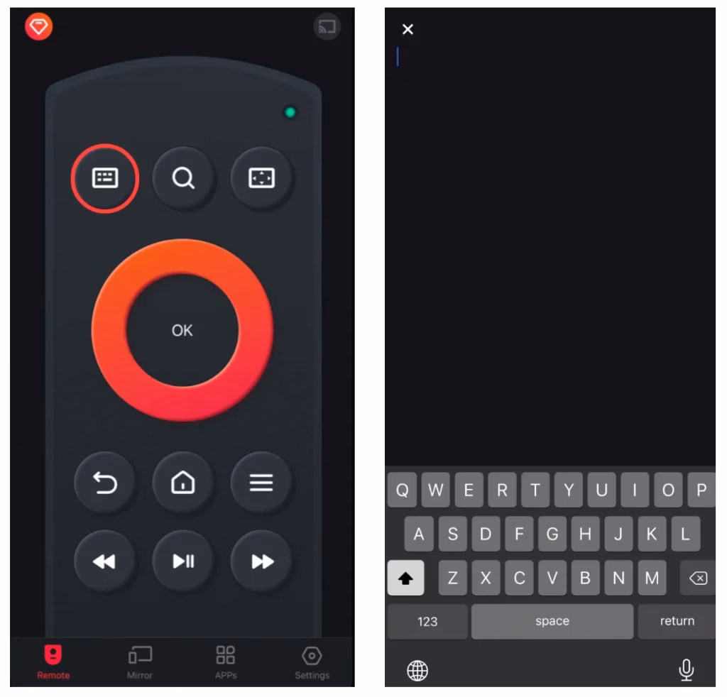 the keyboard feature provided Firestick remote app