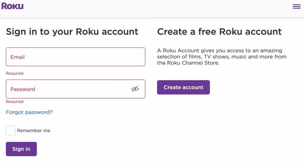 sign in to the Roku account