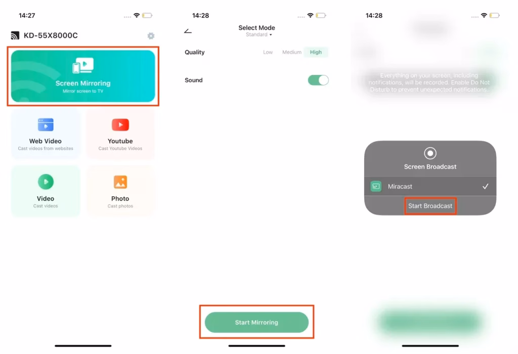 start the screen mirroring process via the Miracast app