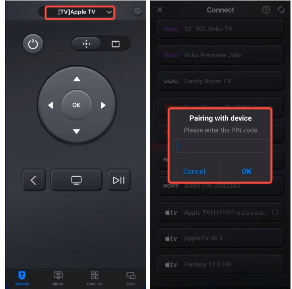 pairing process of Universal Apple TV Remote App