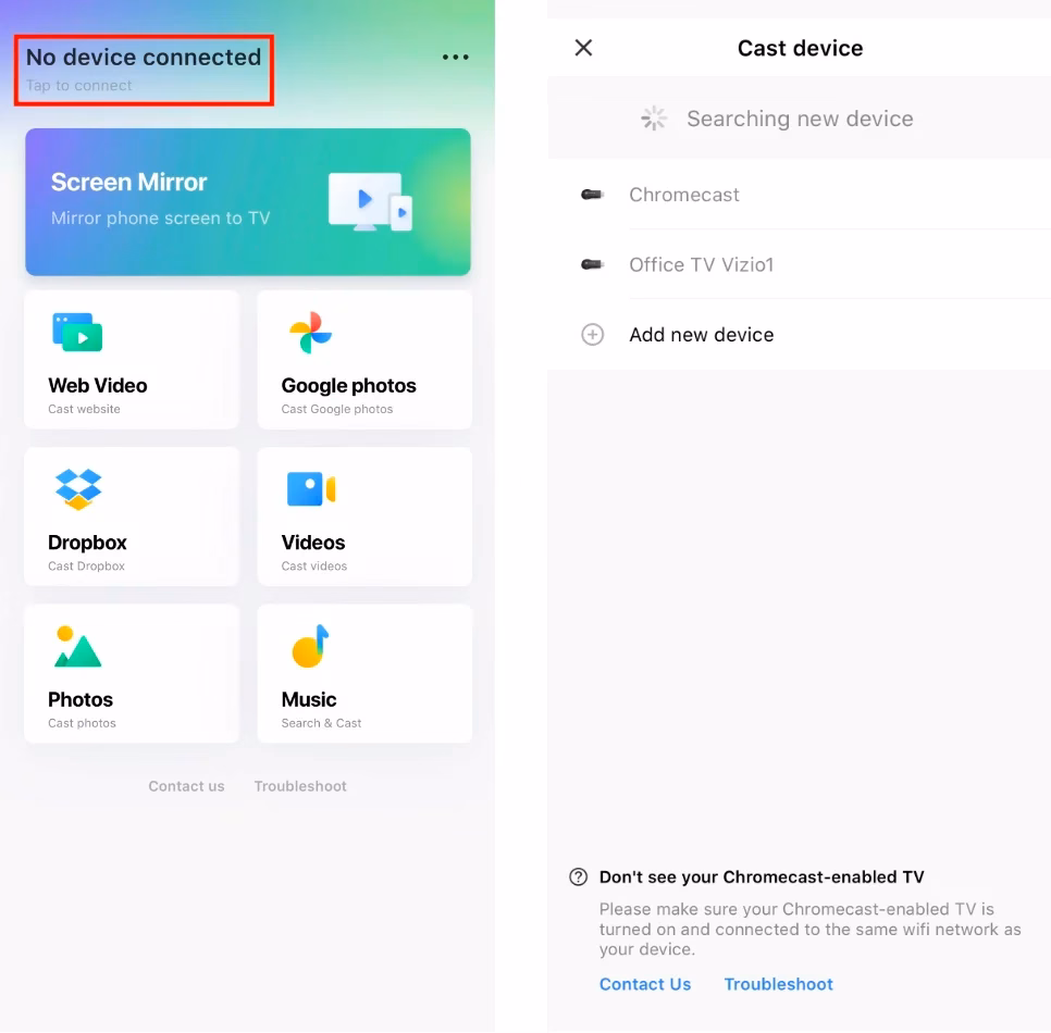 Pairing entry on the TV Cast app