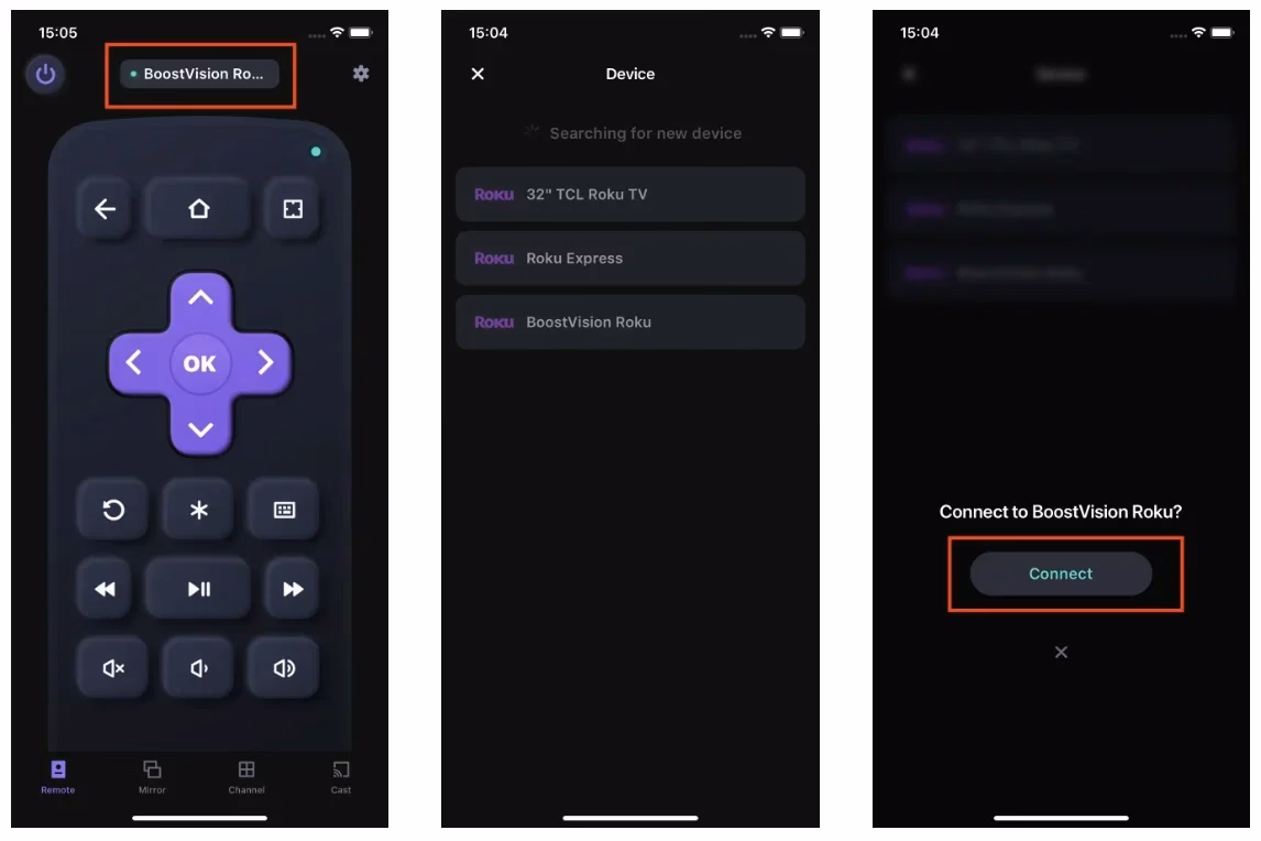 the pairing process of Roku remote app
