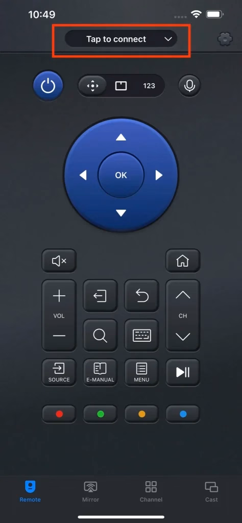tap to connect button on a universal remote app
