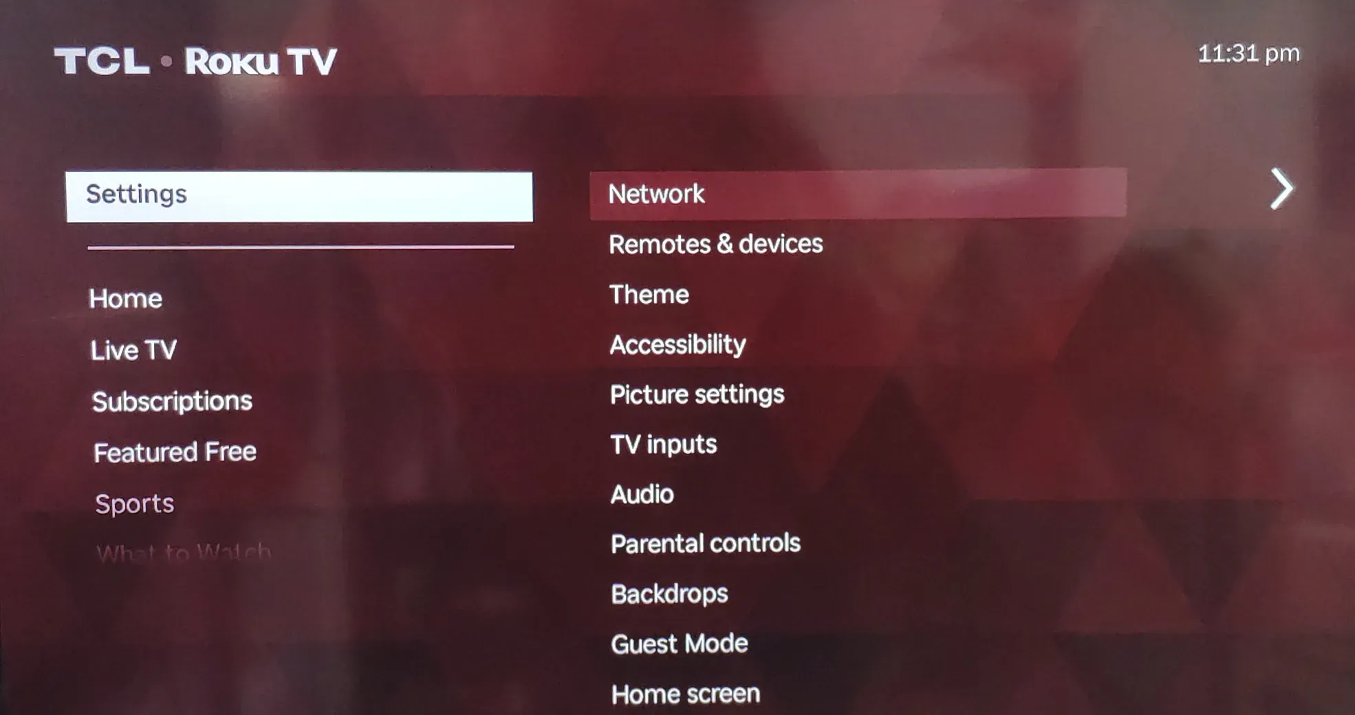 Roku Settings menu