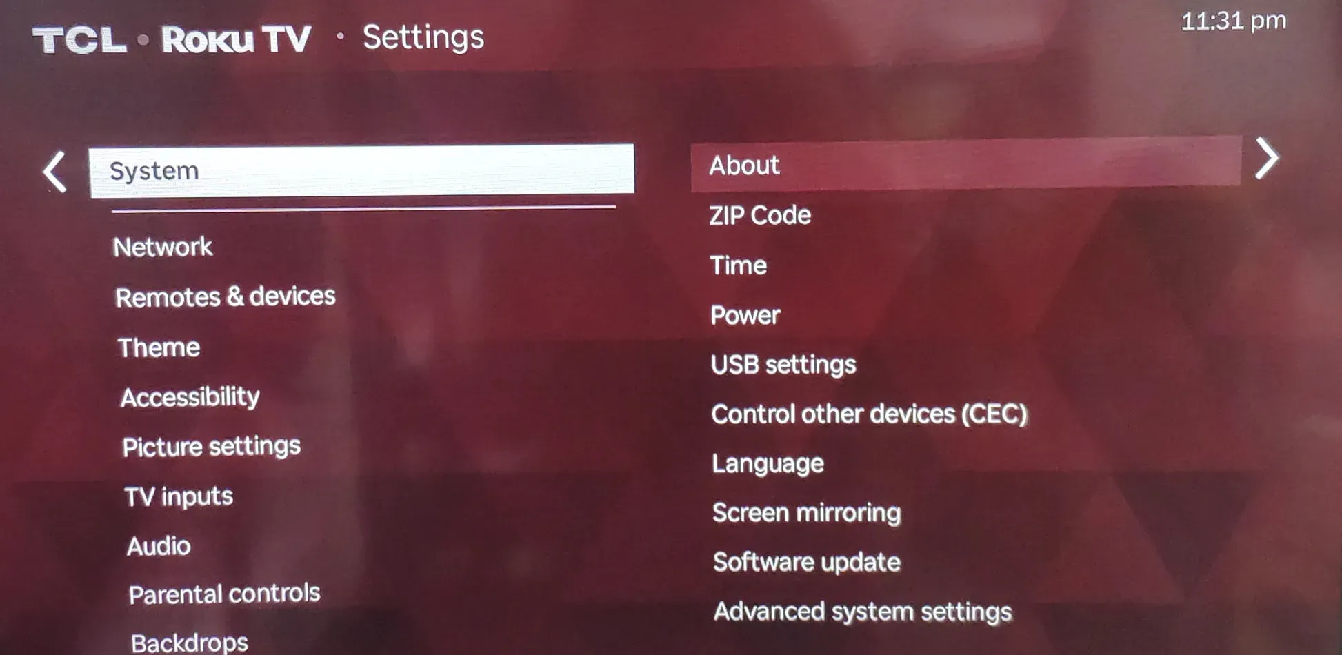 Roku System menu