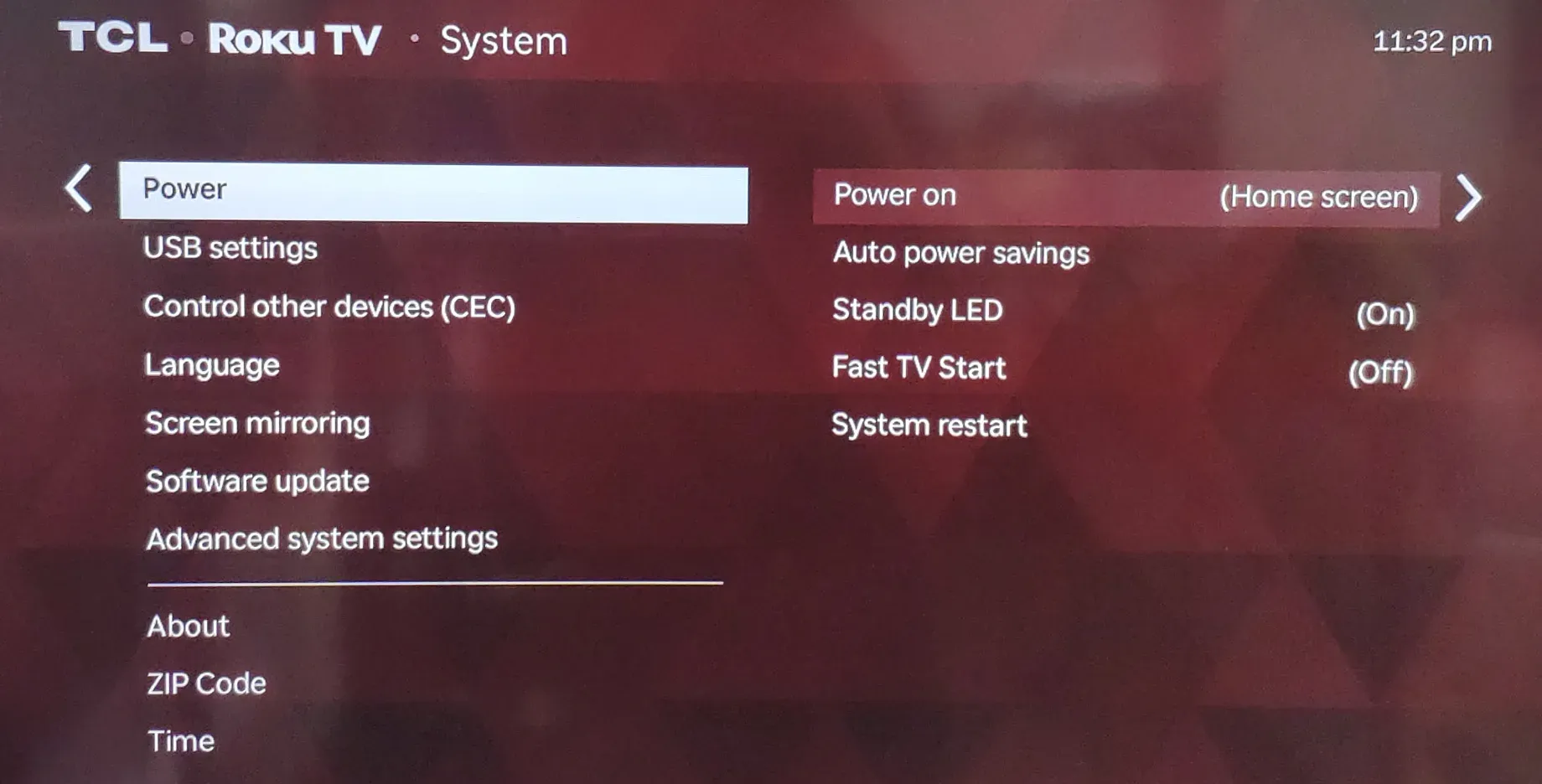 Roku Power menu