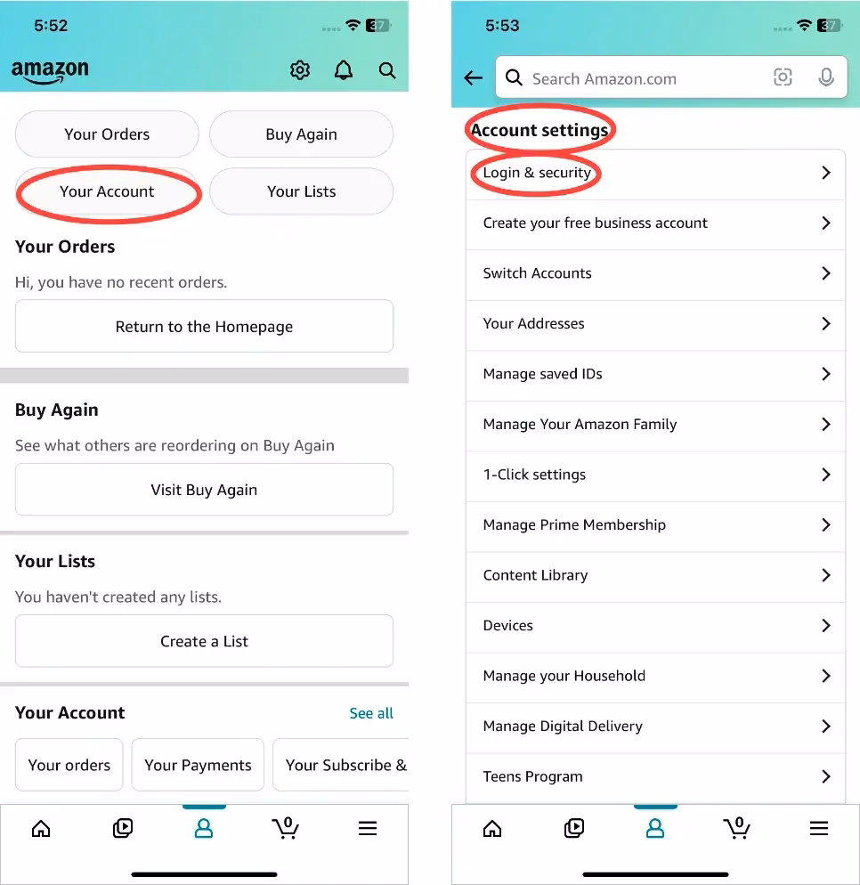 Account settings section on the Amazon app