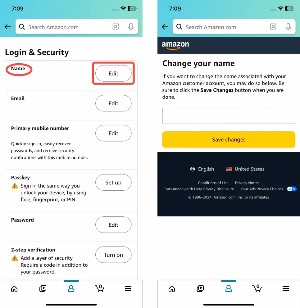 name changing menu on the Amazon app