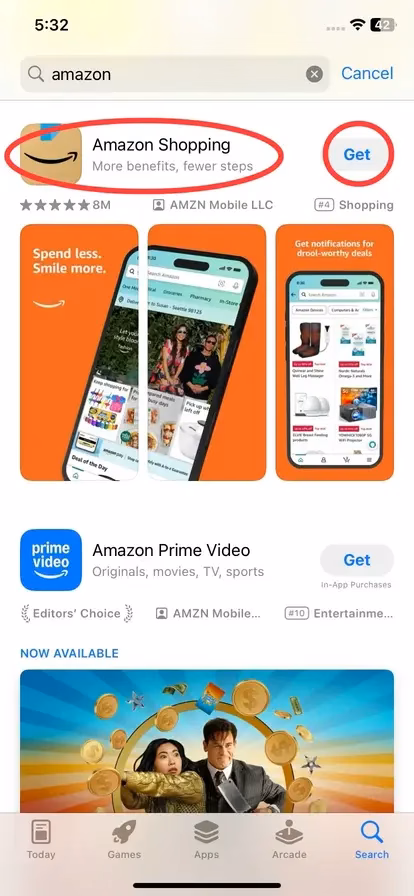 official Amazon app on the app store