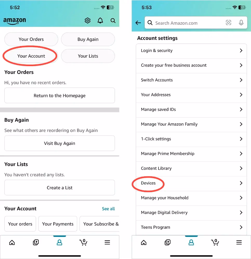 Amazon devices section on the Amazon app