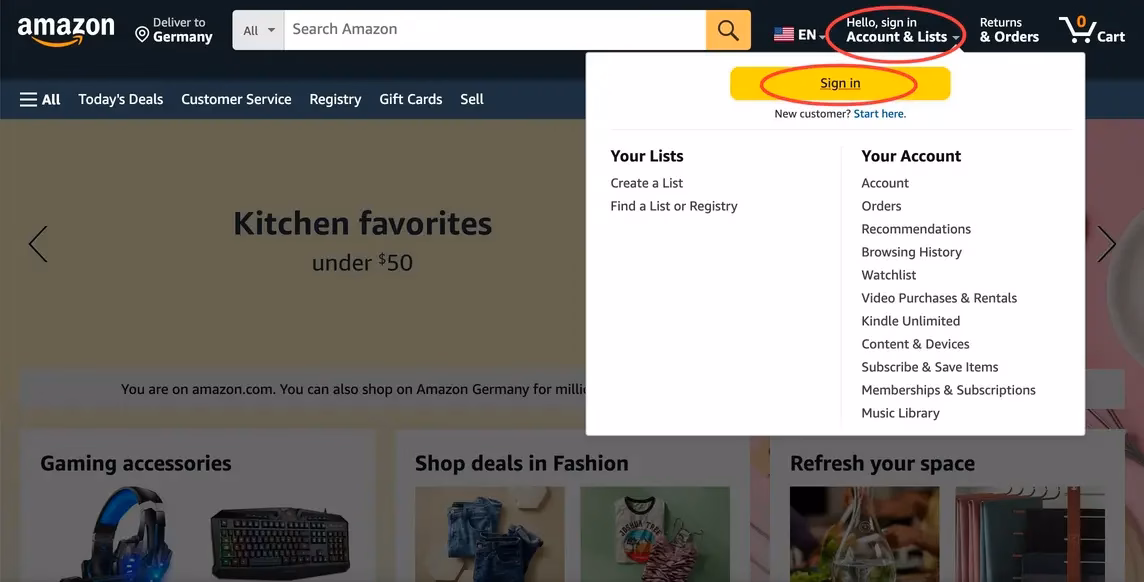 Sign in entry on the Amazon website