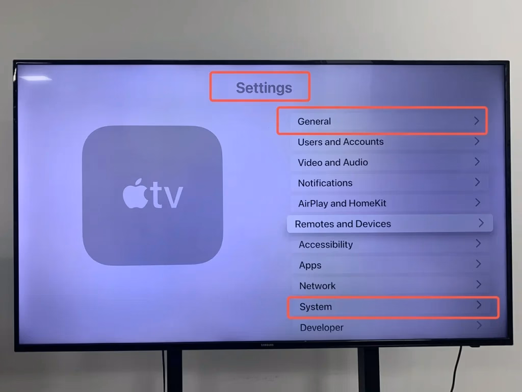 System and General options on the Settings interface