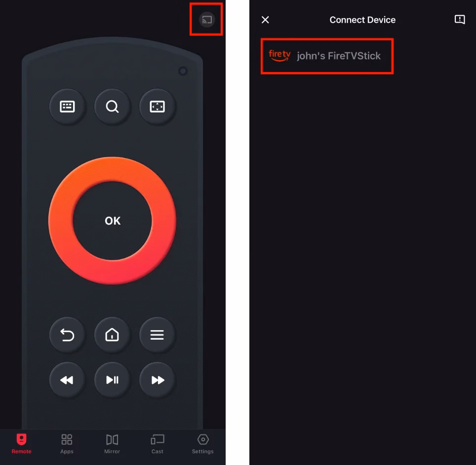 Pairing process of the Fire TV remote app