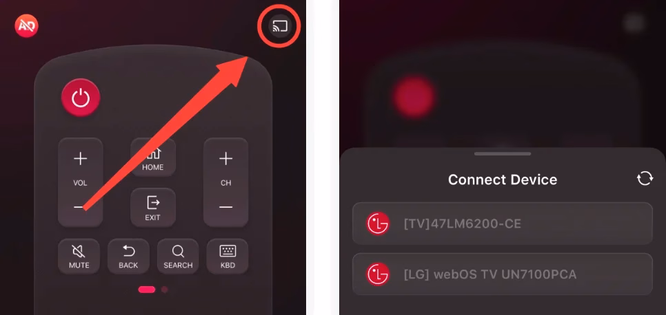 Pairing entry on the LG remote app