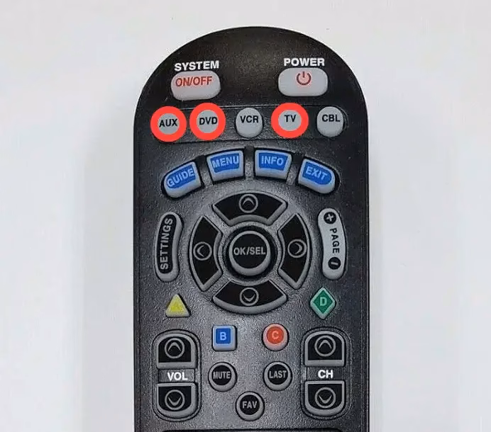 TV, DVD, and AUX buttons on Spectrum remote