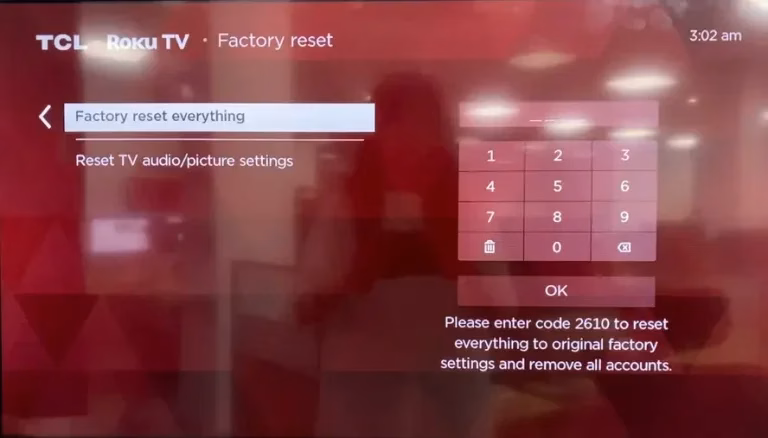 Factory reset option on TCL Roku