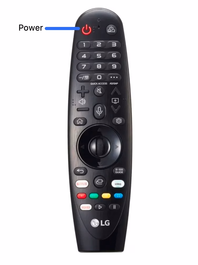 locate the power button on the LG TV Magic Remote