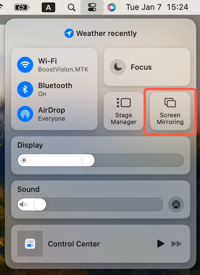 Screen mirroring feature in the control center on Mac