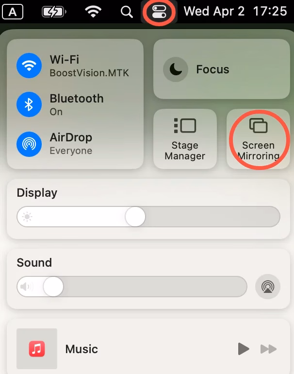 find Screen Mirroring option on Mac's Control Center
