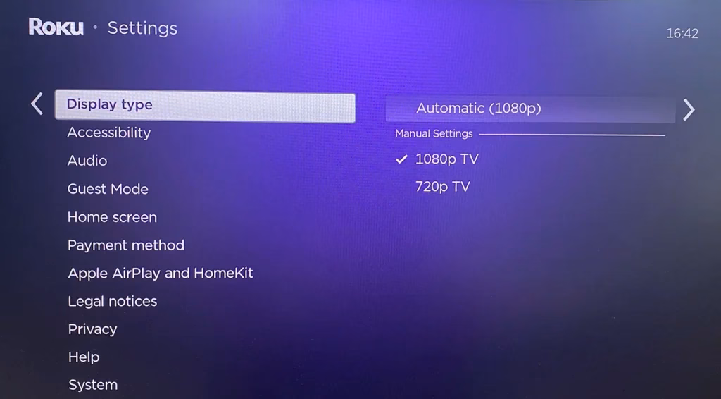 choose Display type pn Roku screen