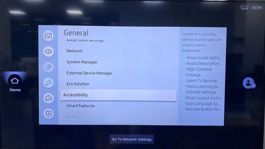 Accessibility menu on Samsung TV