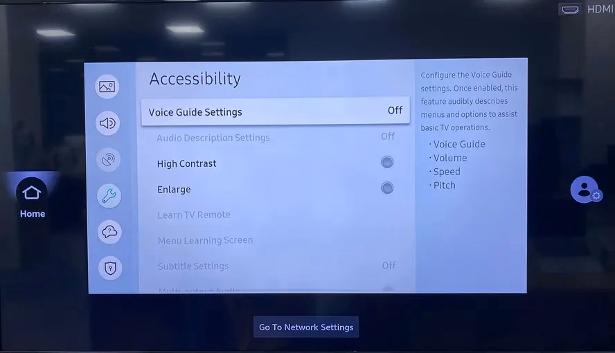 Voice guide settings on Samsung TV