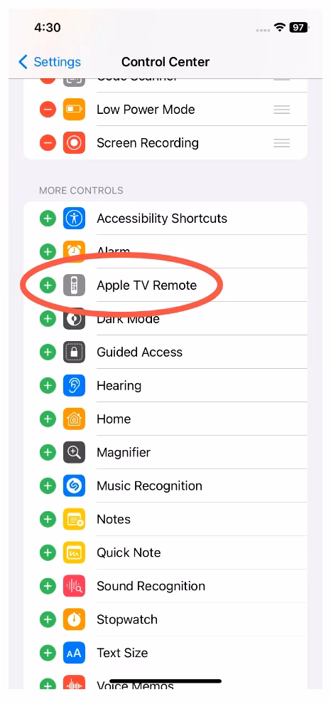 find Apple TV Remote under More Control