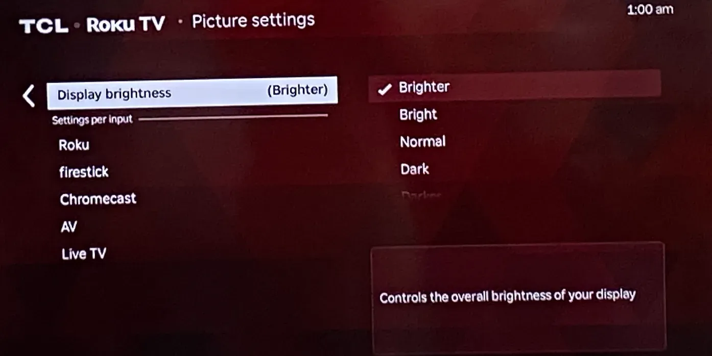 change display brightness on Roku TV